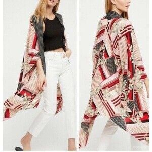 Free People Morning Glory Kimono Women's One Size Patchwork Red Boho Festival